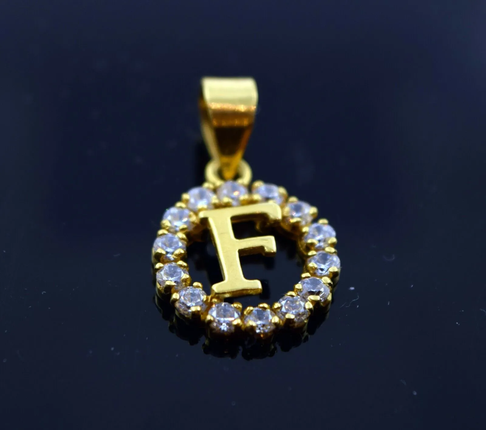 22k Jewelry Solid Gold Round Shape Pendent F letter with stone pf5