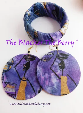 African Jewelry Purple Ankara Jewelry Set Bracelet Earrings Handmade