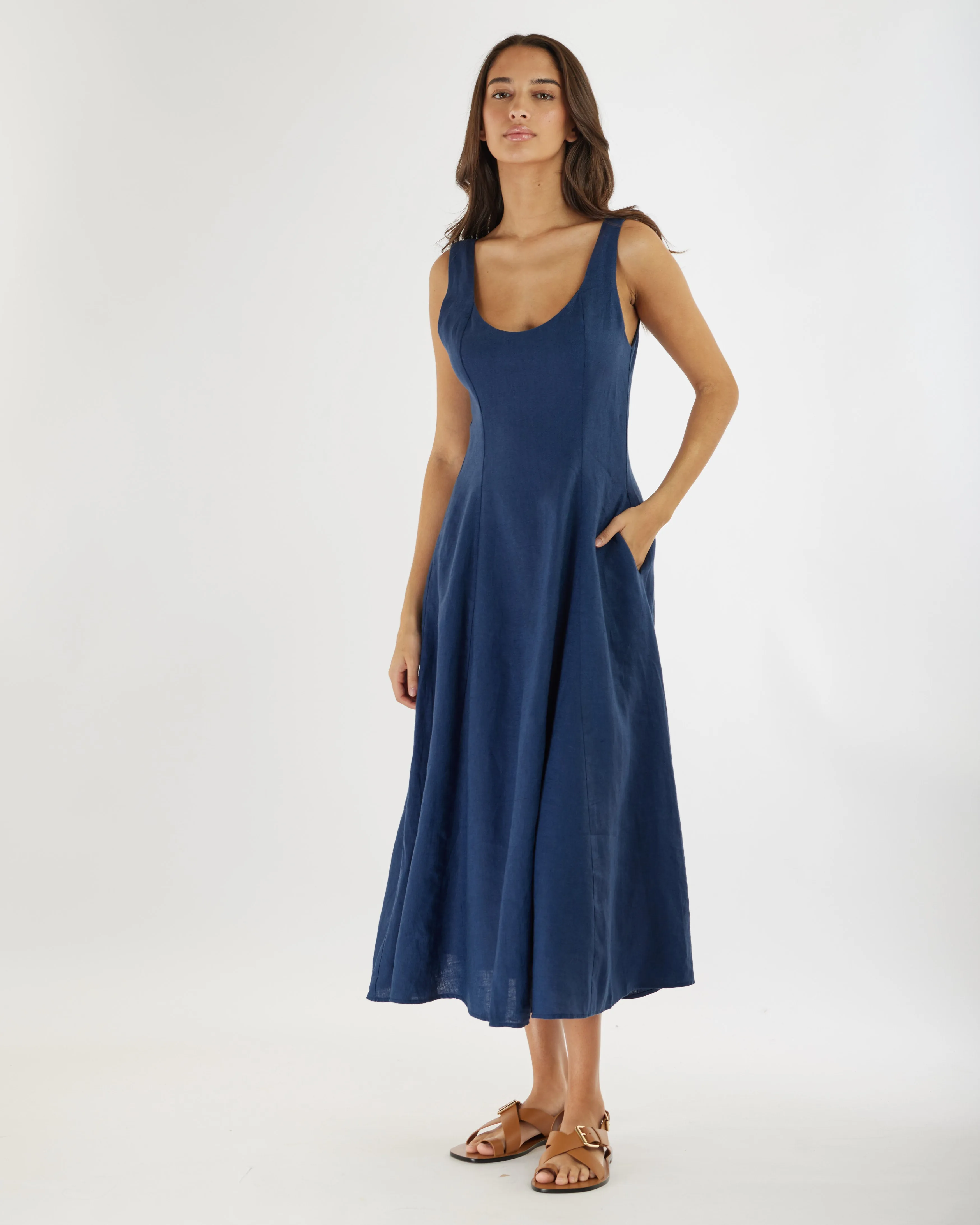 Anna Panelled Linen Midi Dress - Navy