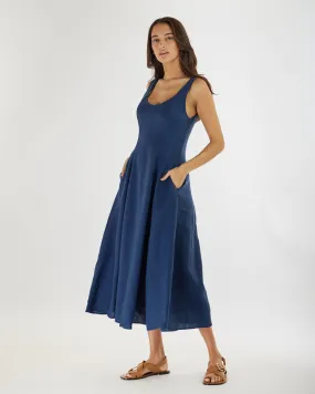 Anna Panelled Linen Midi Dress - Navy