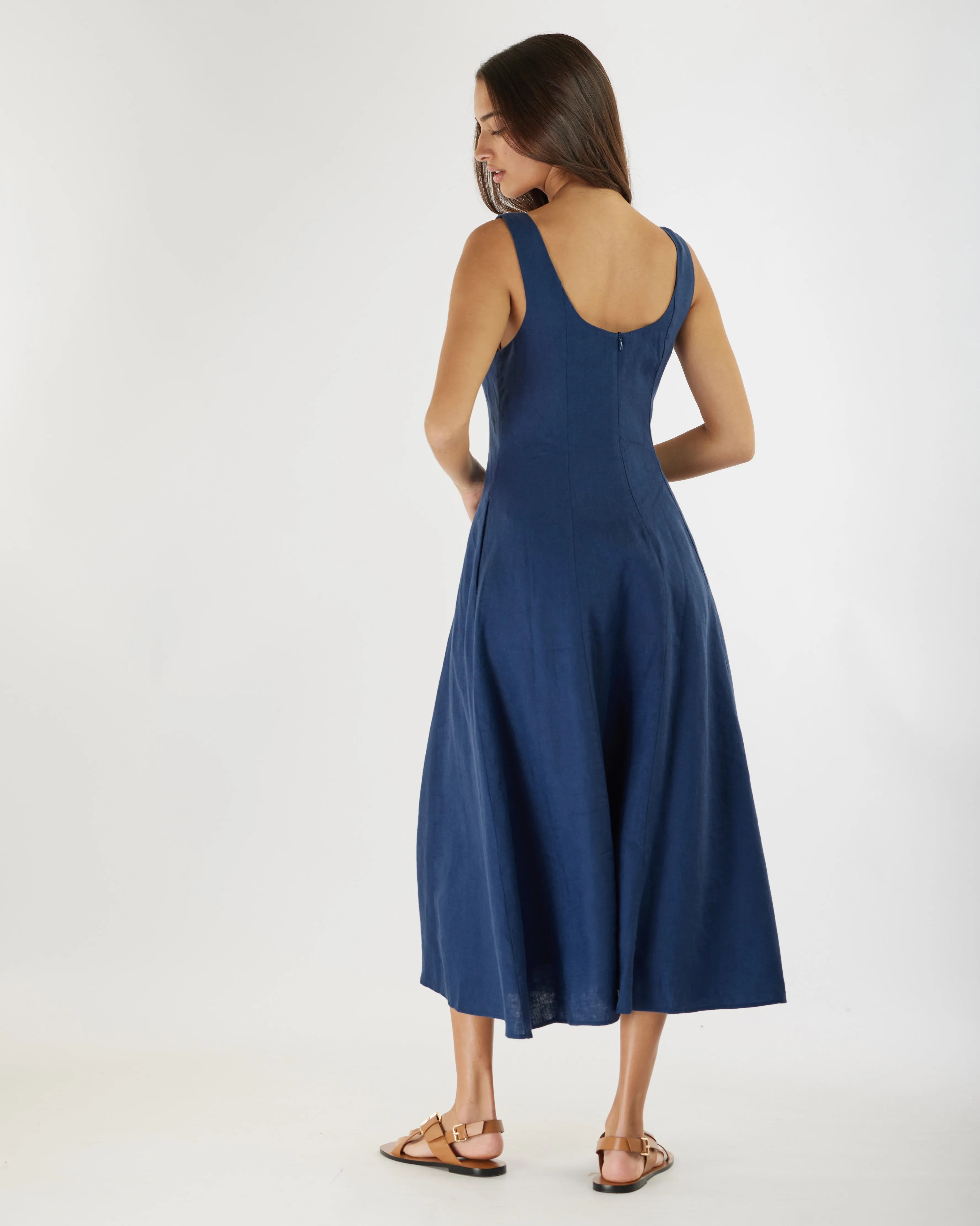 Anna Panelled Linen Midi Dress - Navy