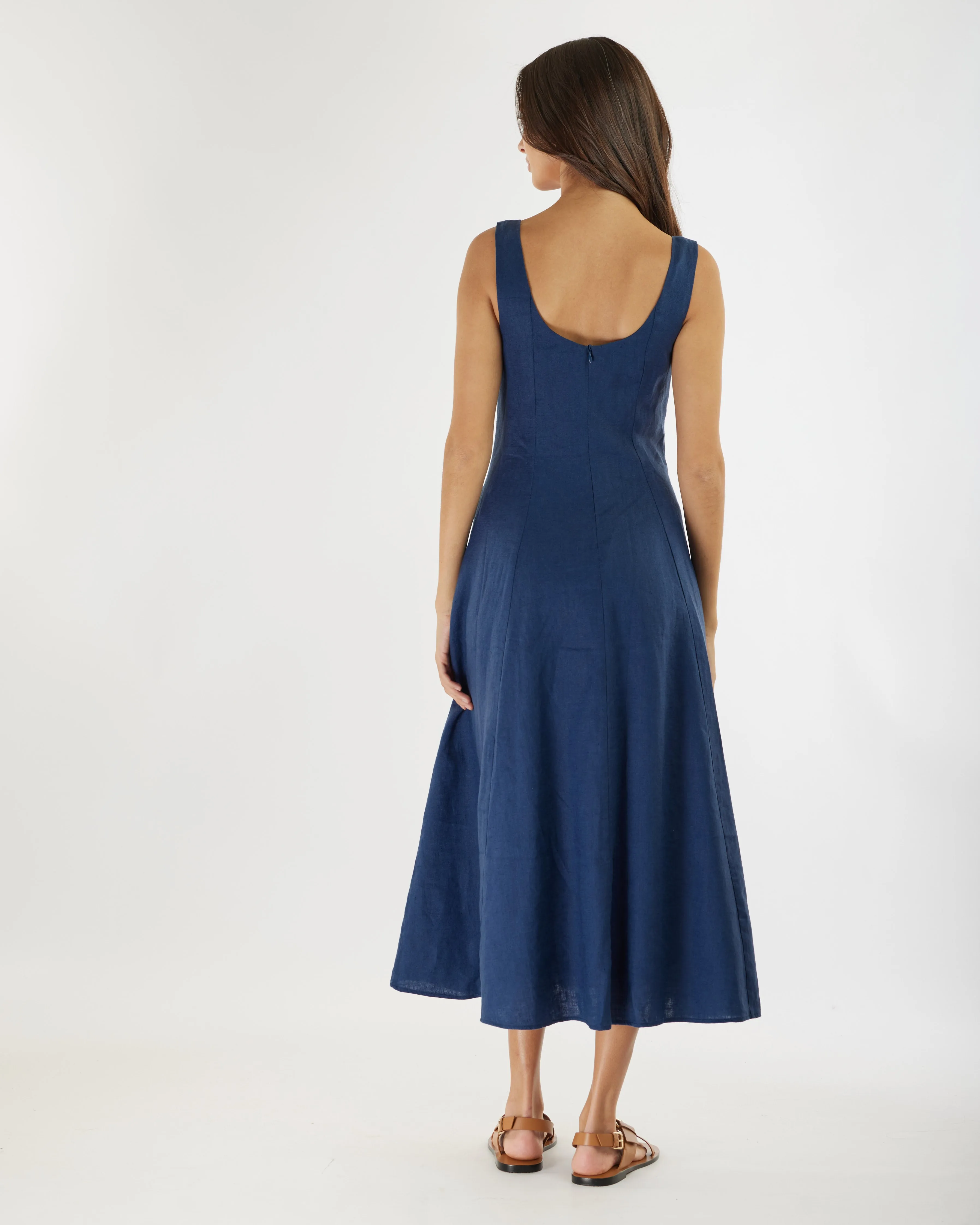 Anna Panelled Linen Midi Dress - Navy