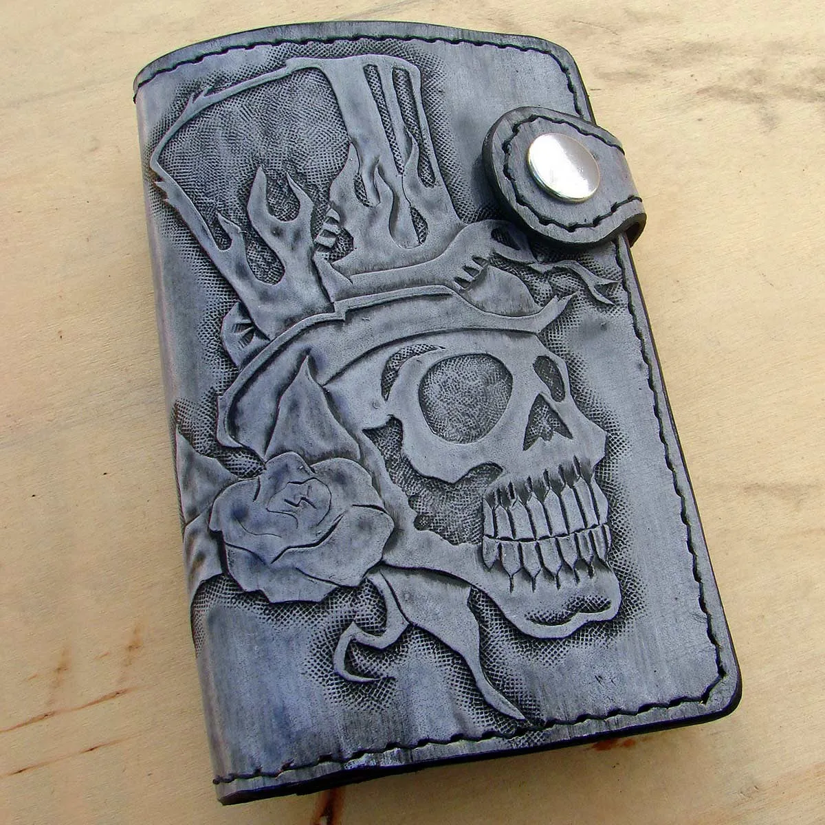 Bifold cow leather wallet biker style white  with skull by Another Way of Life