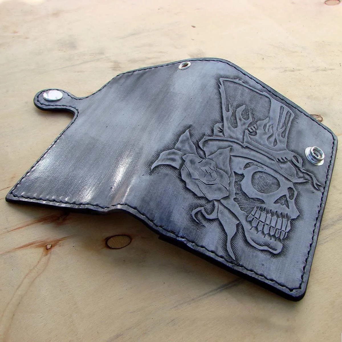 Bifold cow leather wallet biker style white  with skull by Another Way of Life