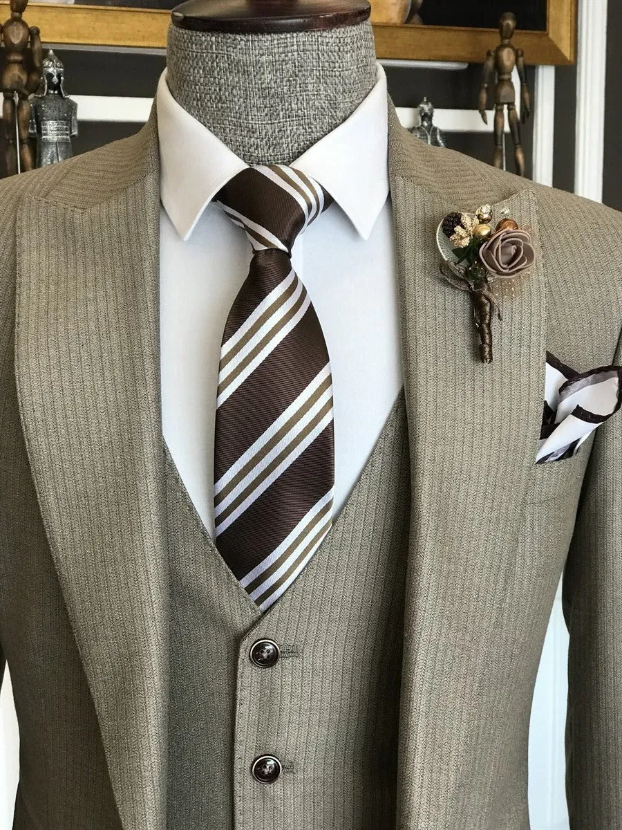 Bojoni Beige Striped Slim-Fit Suit 3-Piece