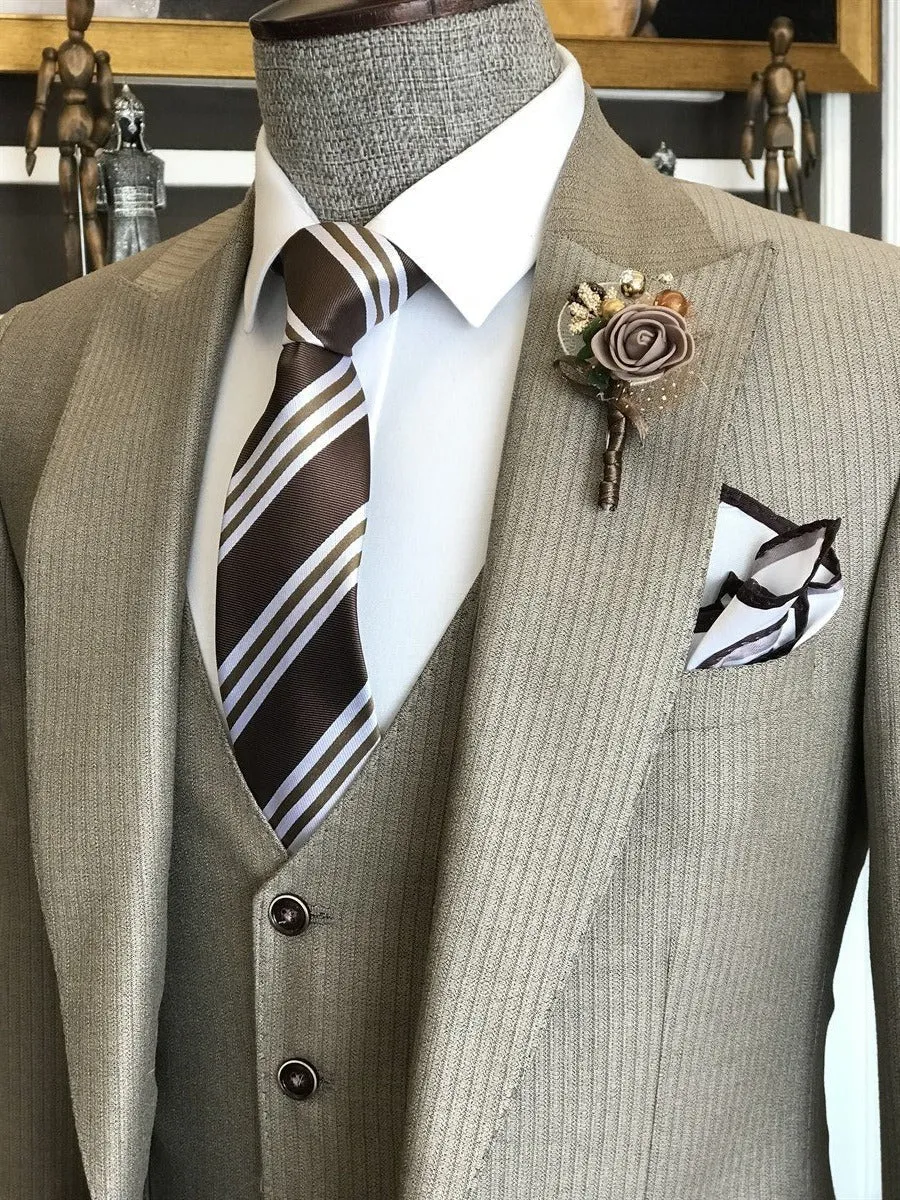 Bojoni Beige Striped Slim-Fit Suit 3-Piece