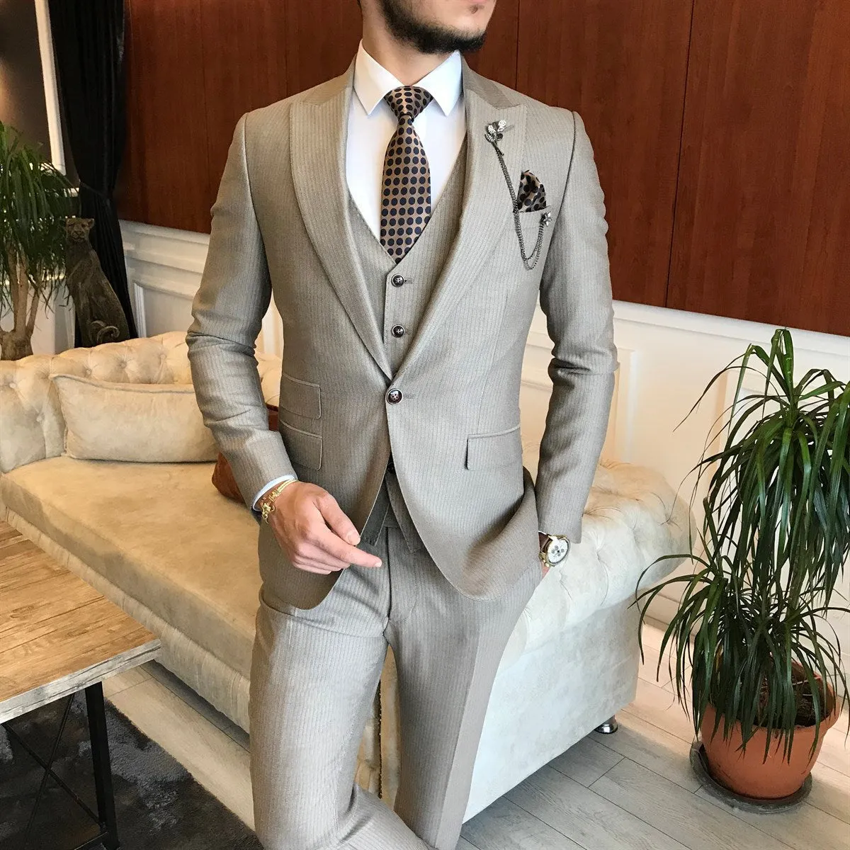 Bojoni Beige Striped Slim-Fit Suit 3-Piece