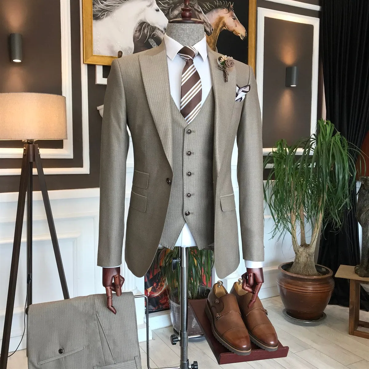 Bojoni Beige Striped Slim-Fit Suit 3-Piece