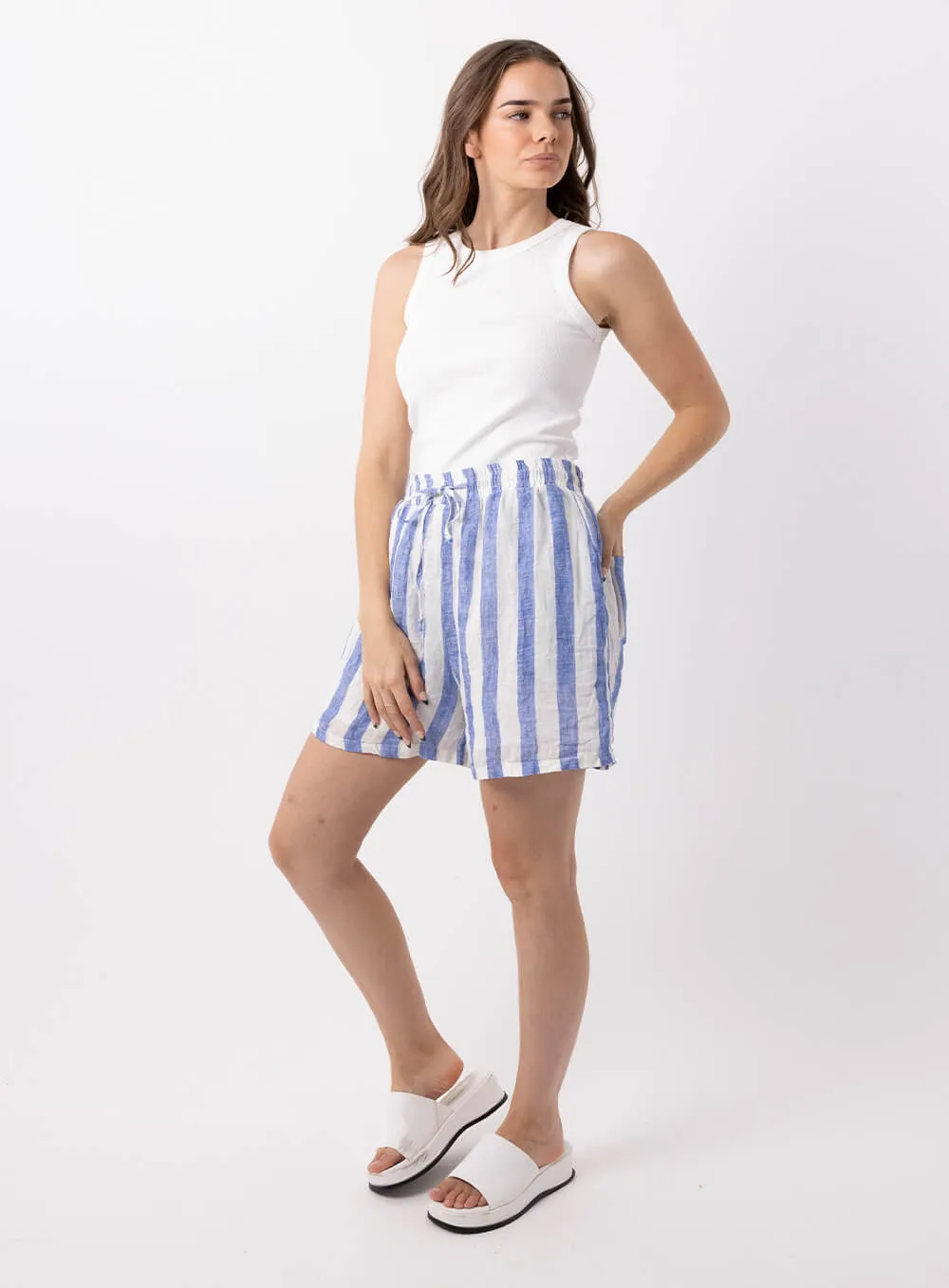 Charlie Stripe Linen Short-BLUE