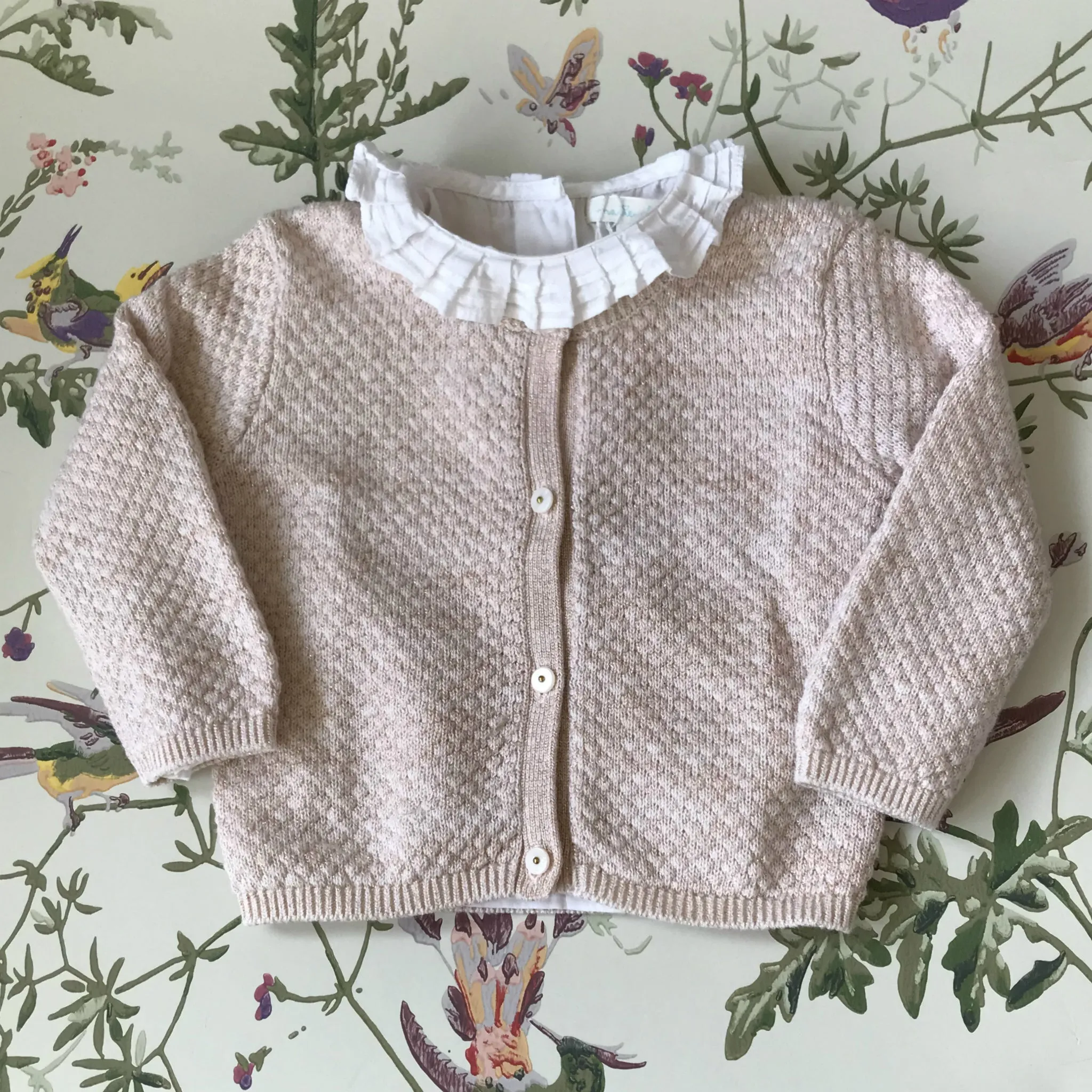 Chloé Pale Pink And Metallic Cotton Mix Cardigan: 12 Months