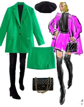 City Commenter Matching Outfits Sets 2023 Chic Green Oversized Long Women Blazer + mini Skirt 2pc Sets