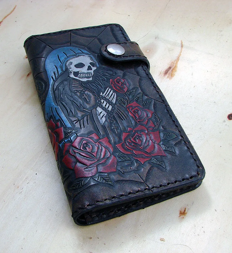 Cow leather wallet style biker with santa muerte and a spider web