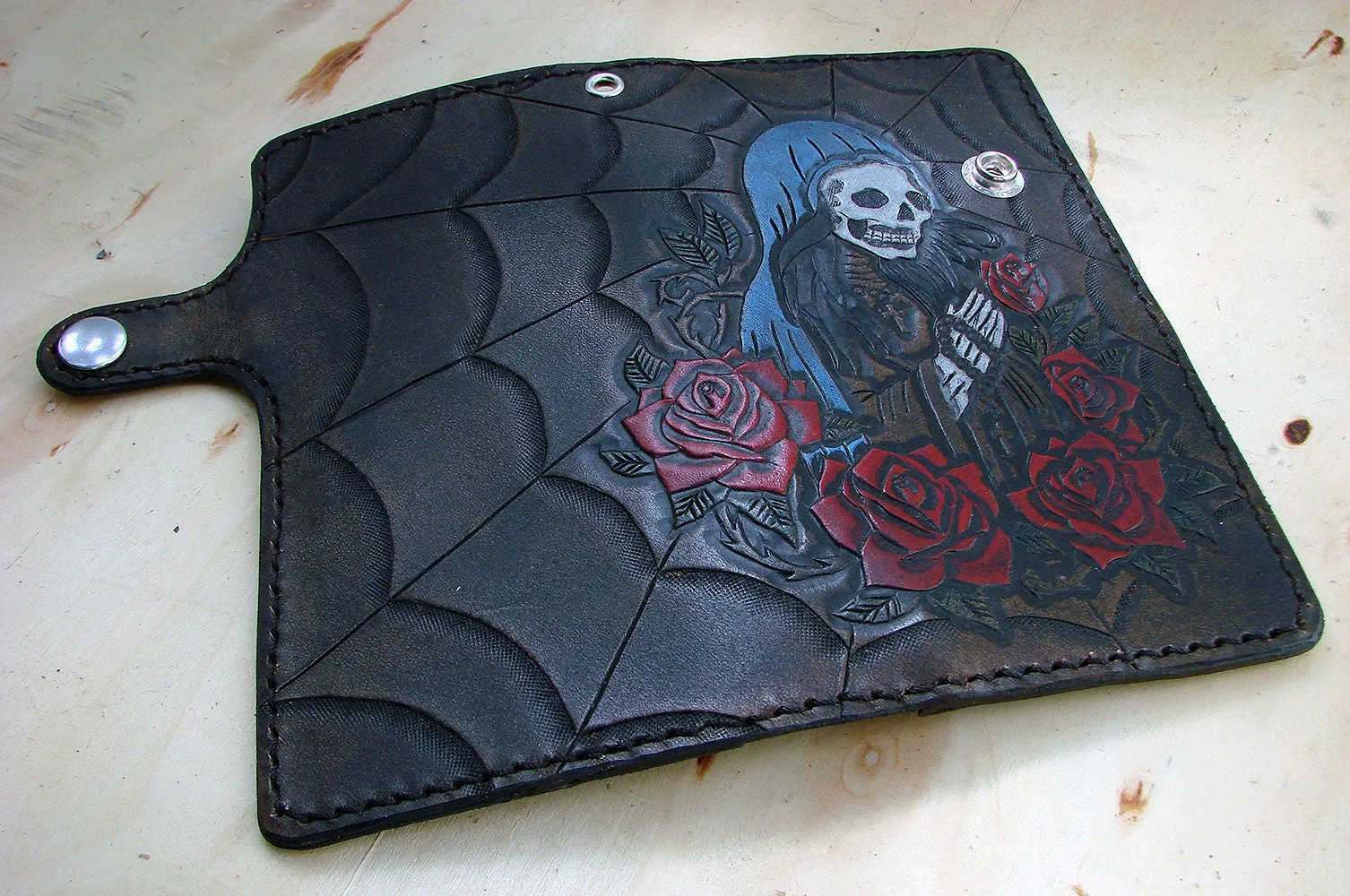 Cow leather wallet style biker with santa muerte and a spider web