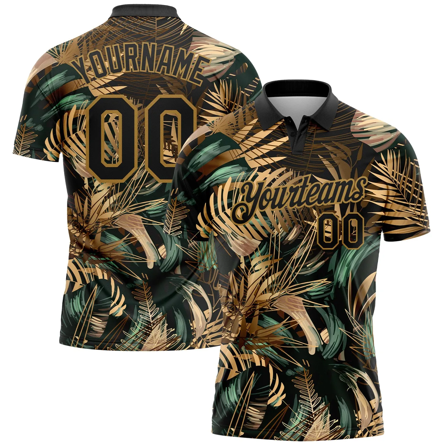 Custom Black Old Gold 3D Pattern Design Golden And Green Tropical Leaves In The Style Of Jungalow And Hawaii Performance Golf Po