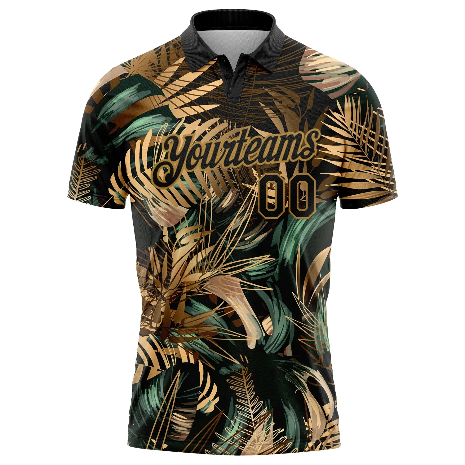 Custom Black Old Gold 3D Pattern Design Golden And Green Tropical Leaves In The Style Of Jungalow And Hawaii Performance Golf Po