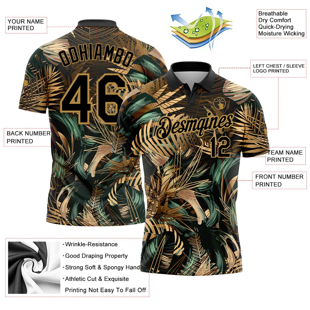 Custom Black Old Gold 3D Pattern Design Golden And Green Tropical Leaves In The Style Of Jungalow And Hawaii Performance Golf Po