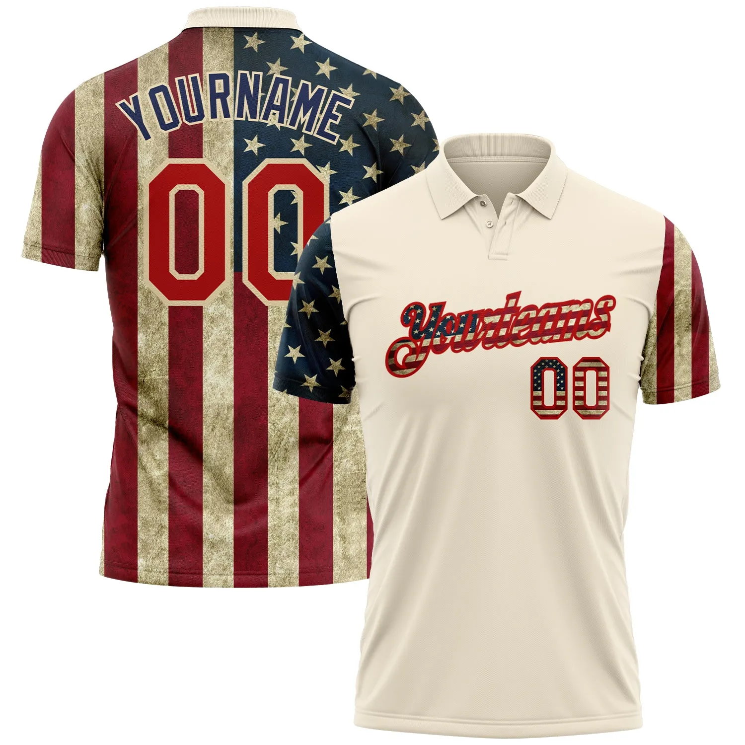 Custom Cream Red-Navy 3D American Flag Performance Golf Polo Shirt