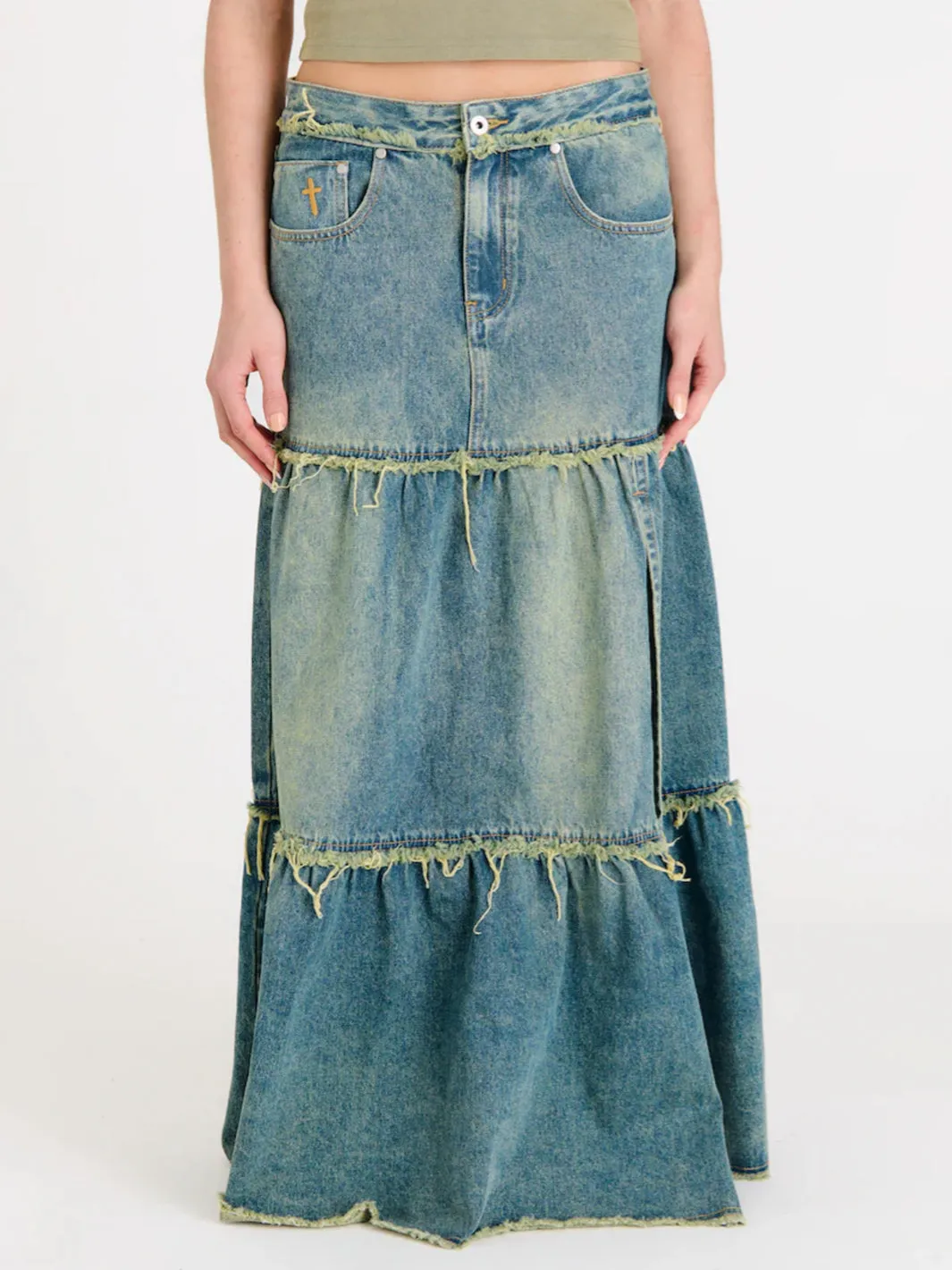 DIRTY WASH TIERED MAXI SKIRT