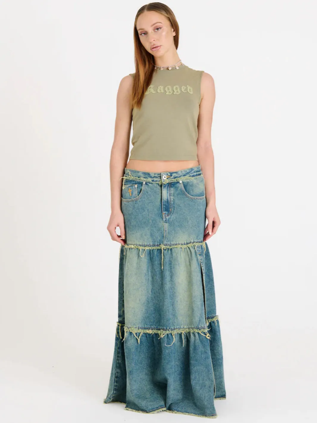 DIRTY WASH TIERED MAXI SKIRT