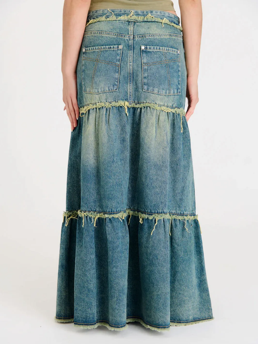 DIRTY WASH TIERED MAXI SKIRT