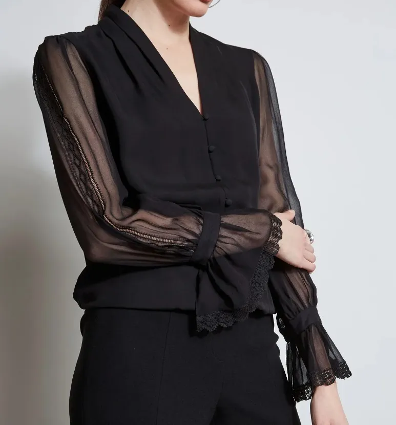 Elie Tahari  |Chiffon Silk Long Sleeves Plain Party Style Elegant Style