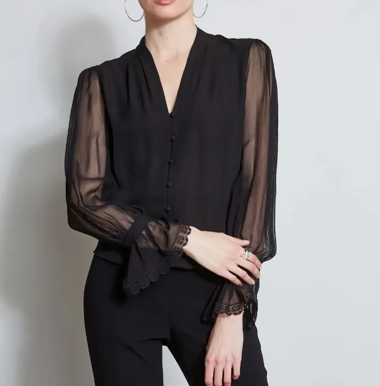 Elie Tahari  |Chiffon Silk Long Sleeves Plain Party Style Elegant Style