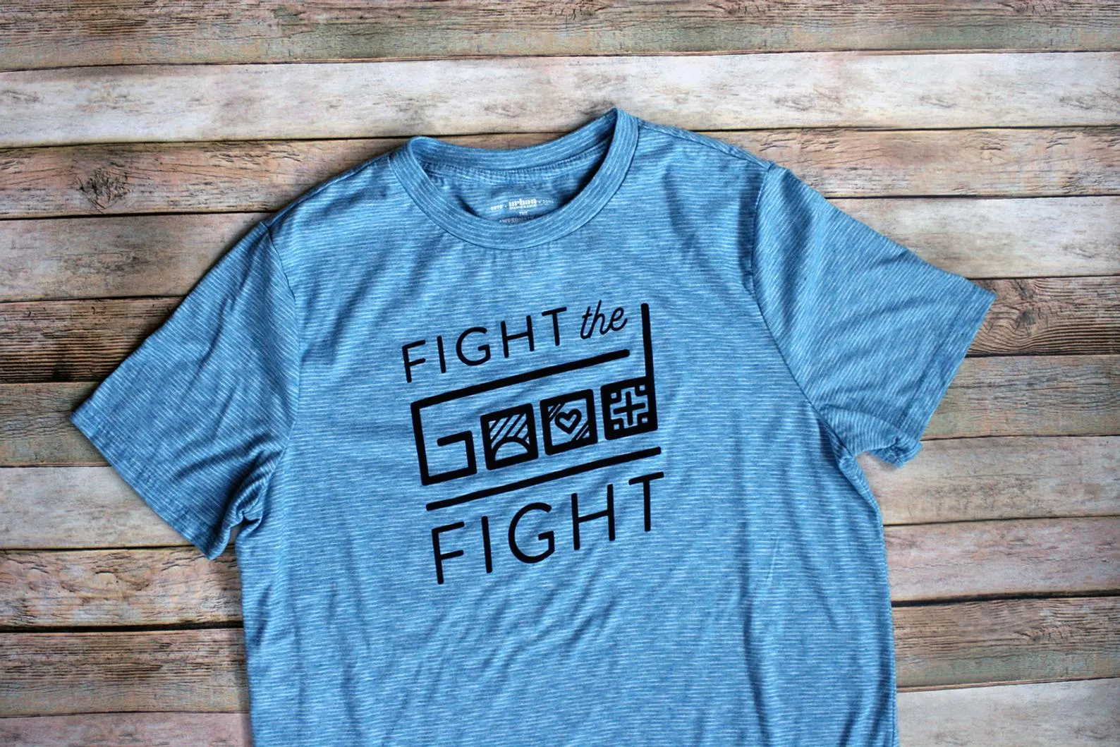 Fight the Good Fight - screenprinted graphic shirt - Blue striped unisex medium