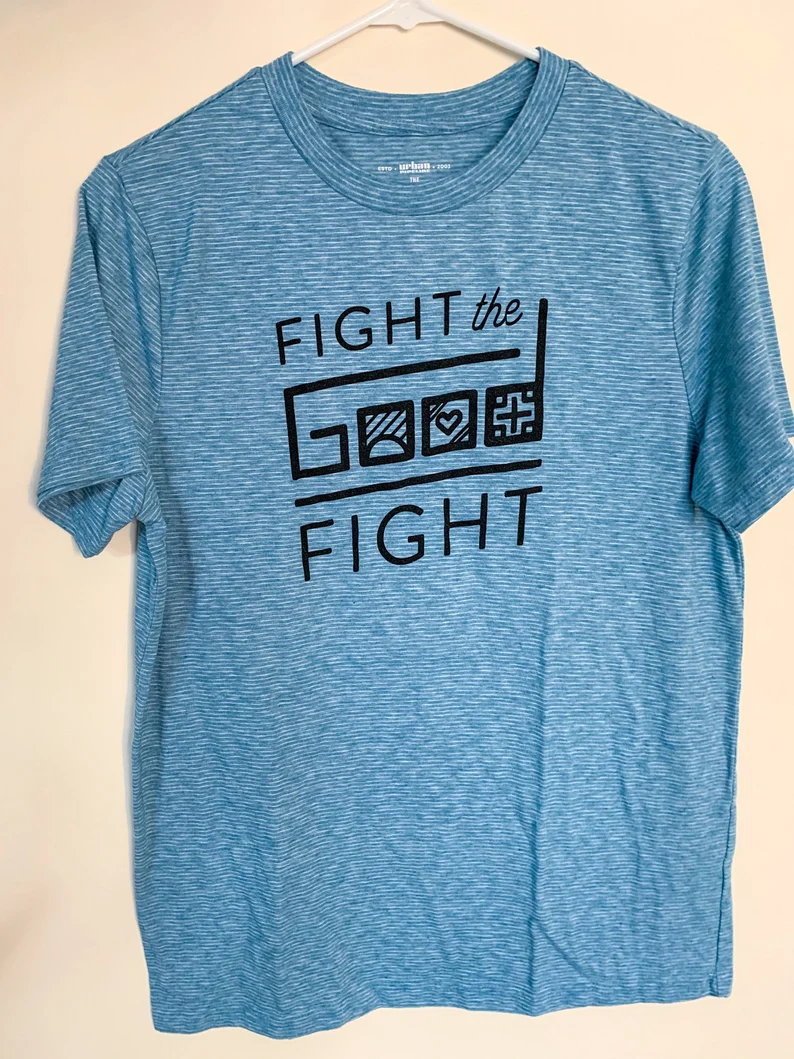 Fight the Good Fight - screenprinted graphic shirt - Blue striped unisex medium