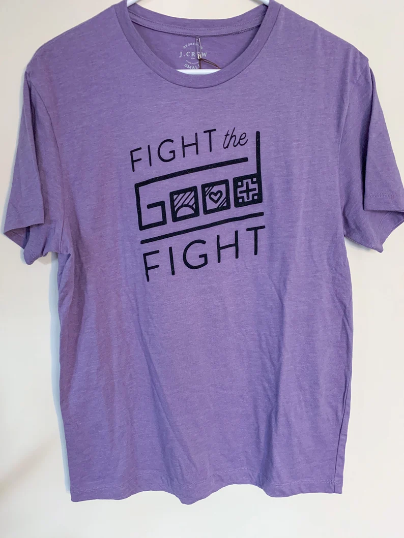 Fight the Good Fight - screenprinted graphic shirt - Purple unisex small