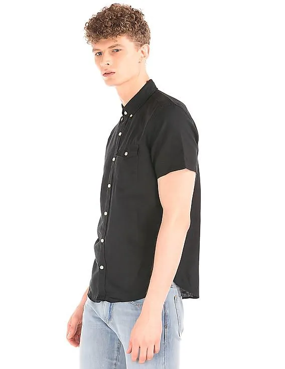 GAP Men Black Linen Cotton Short Sleeve Standard Fit Shirt