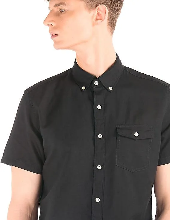 GAP Men Black Linen Cotton Short Sleeve Standard Fit Shirt