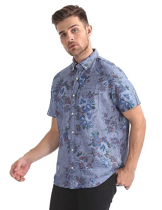 GAP Men Blue Standard Fit Short Sleeve Shirt In Linen-Cotton