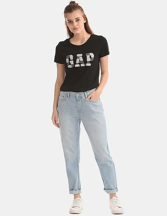 GAP Women Black Short Sleeve Tee With Sequin Logo