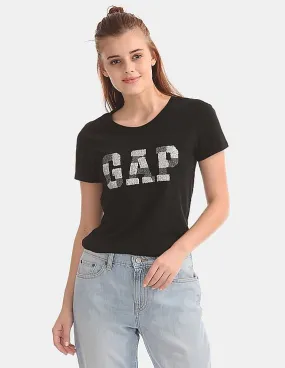 GAP Women Black Short Sleeve Tee With Sequin Logo