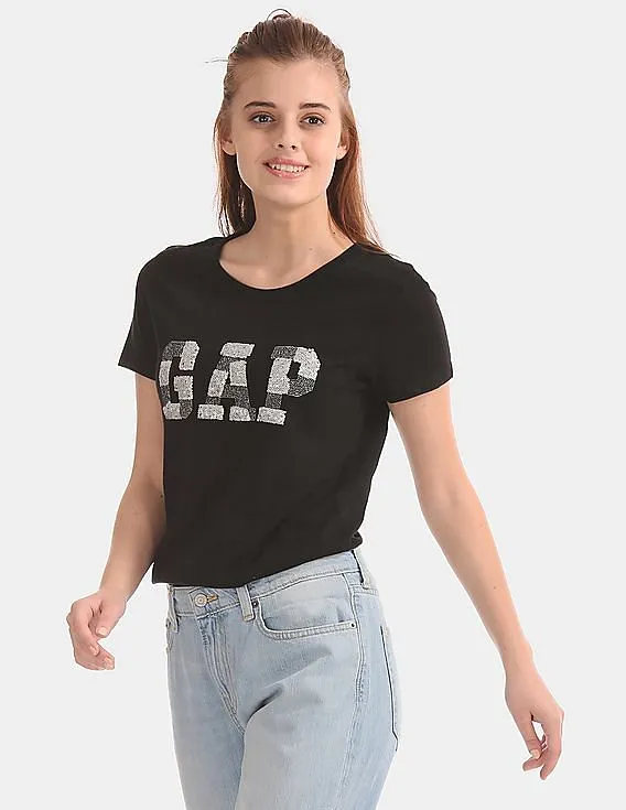 GAP Women Black Short Sleeve Tee With Sequin Logo