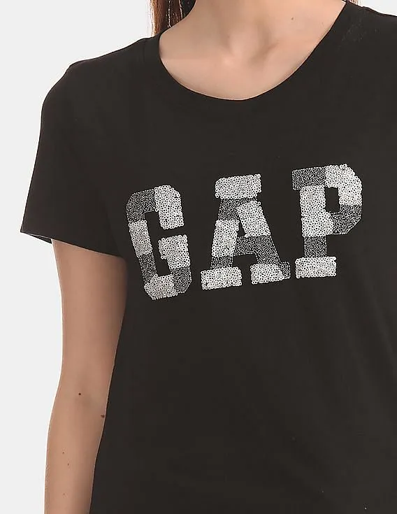 GAP Women Black Short Sleeve Tee With Sequin Logo