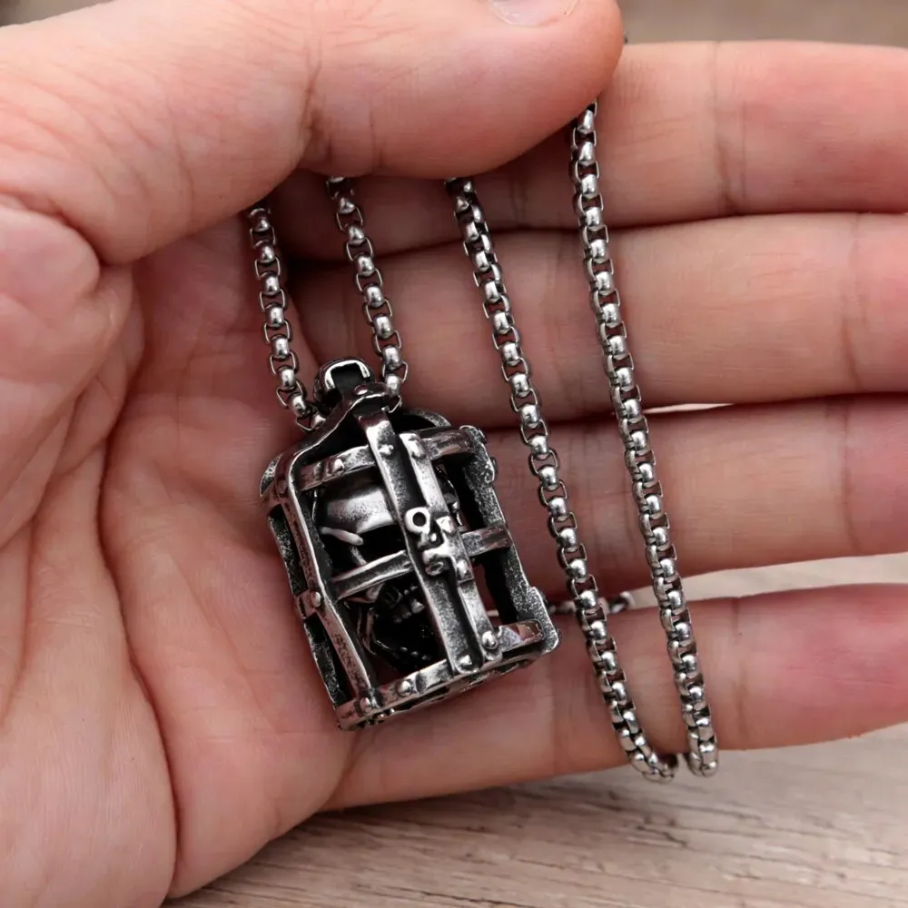 Gothic Cage Skull Pendant Necklace