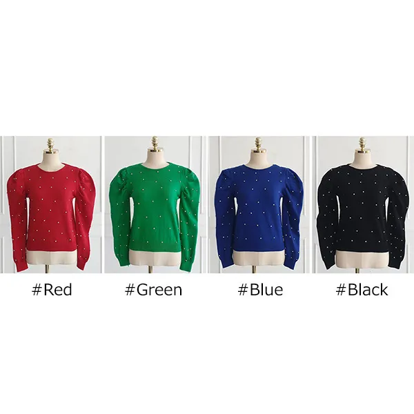 gumzzi  |Crew Neck Casual Style Long Sleeves Plain Puff Sleeves