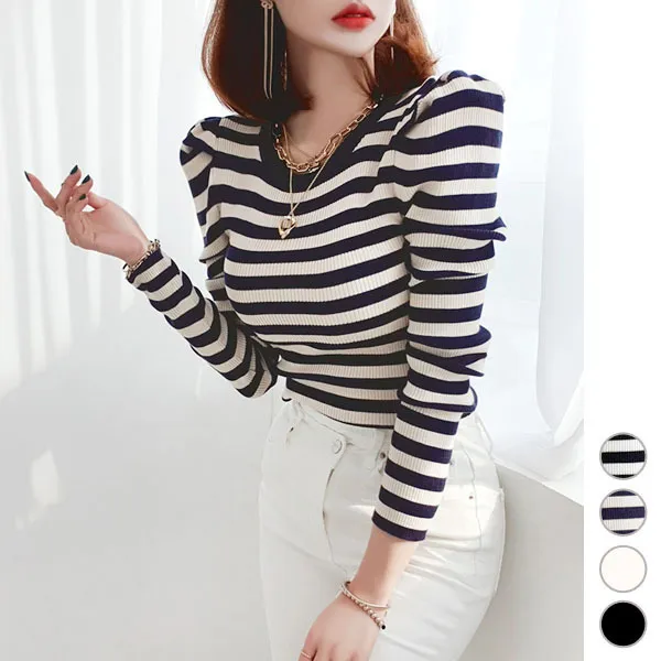 gumzzi  |Crew Neck Stripes Casual Style Long Sleeves Puff Sleeves