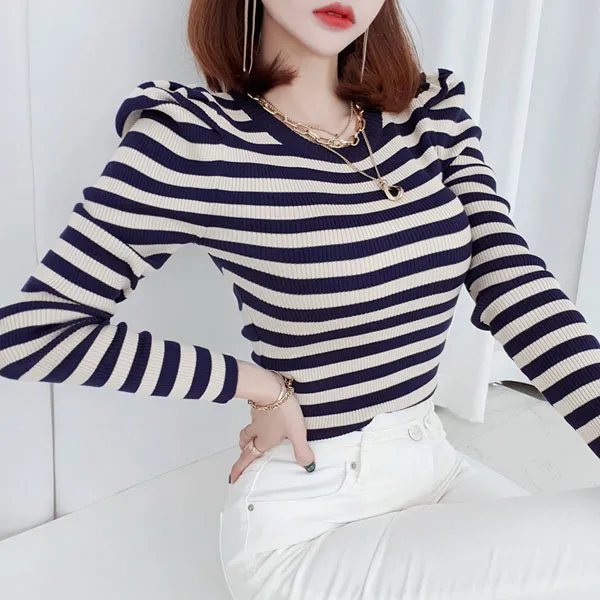 gumzzi  |Crew Neck Stripes Casual Style Long Sleeves Puff Sleeves