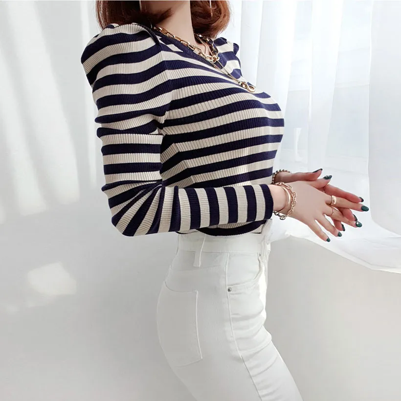 gumzzi  |Crew Neck Stripes Casual Style Long Sleeves Puff Sleeves