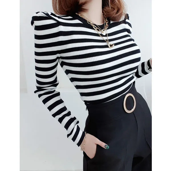 gumzzi  |Crew Neck Stripes Casual Style Long Sleeves Puff Sleeves