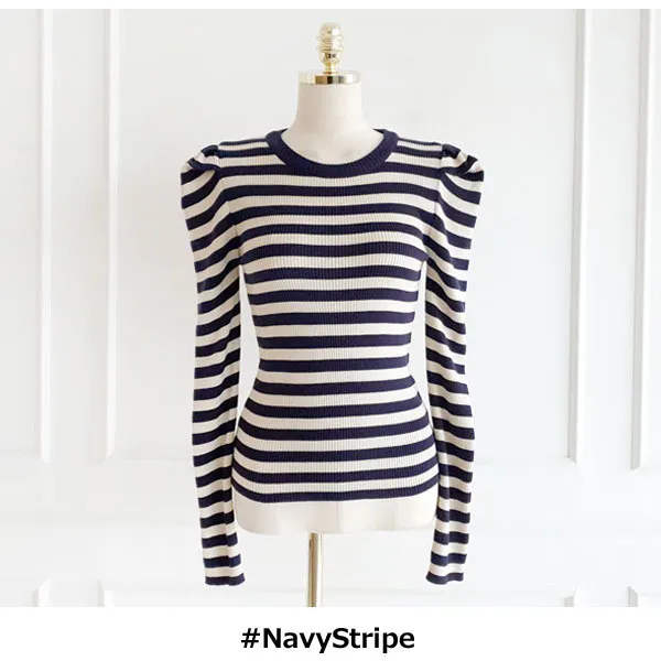 gumzzi  |Crew Neck Stripes Casual Style Long Sleeves Puff Sleeves