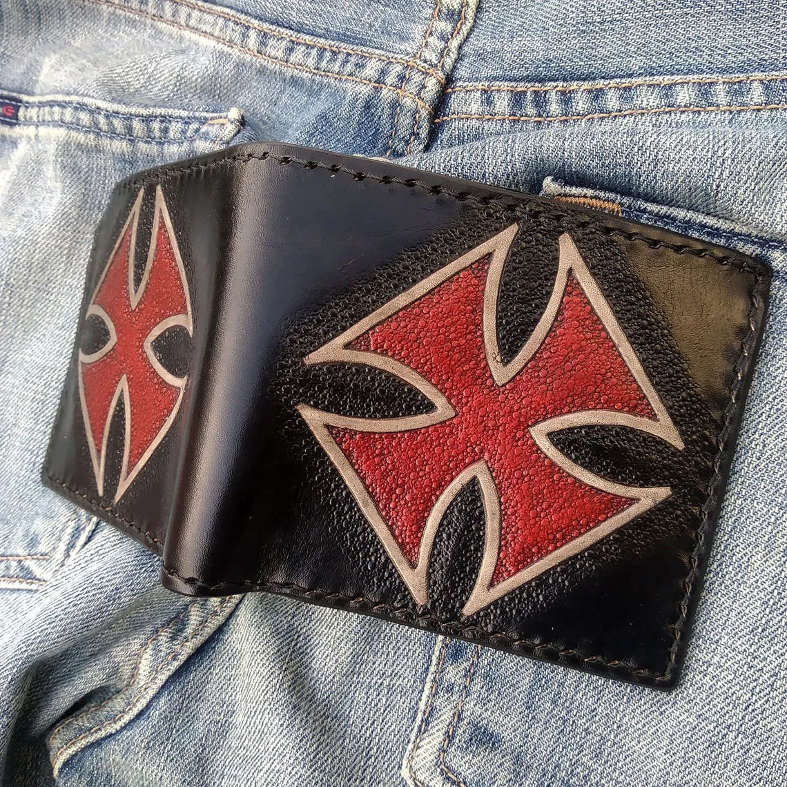 Handcrafted bifold wallet with iron cross