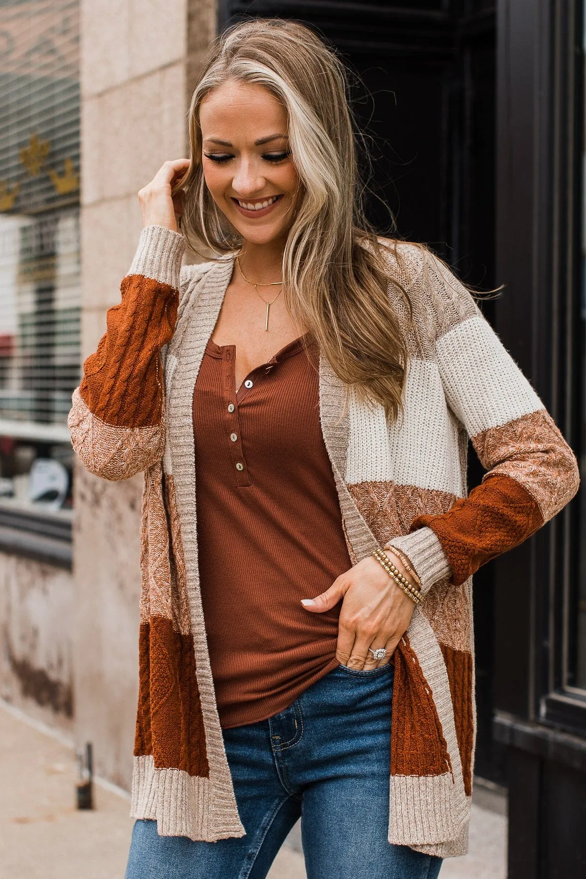 Hold Me Close Knit Cardigan- Light Taupe & Rust