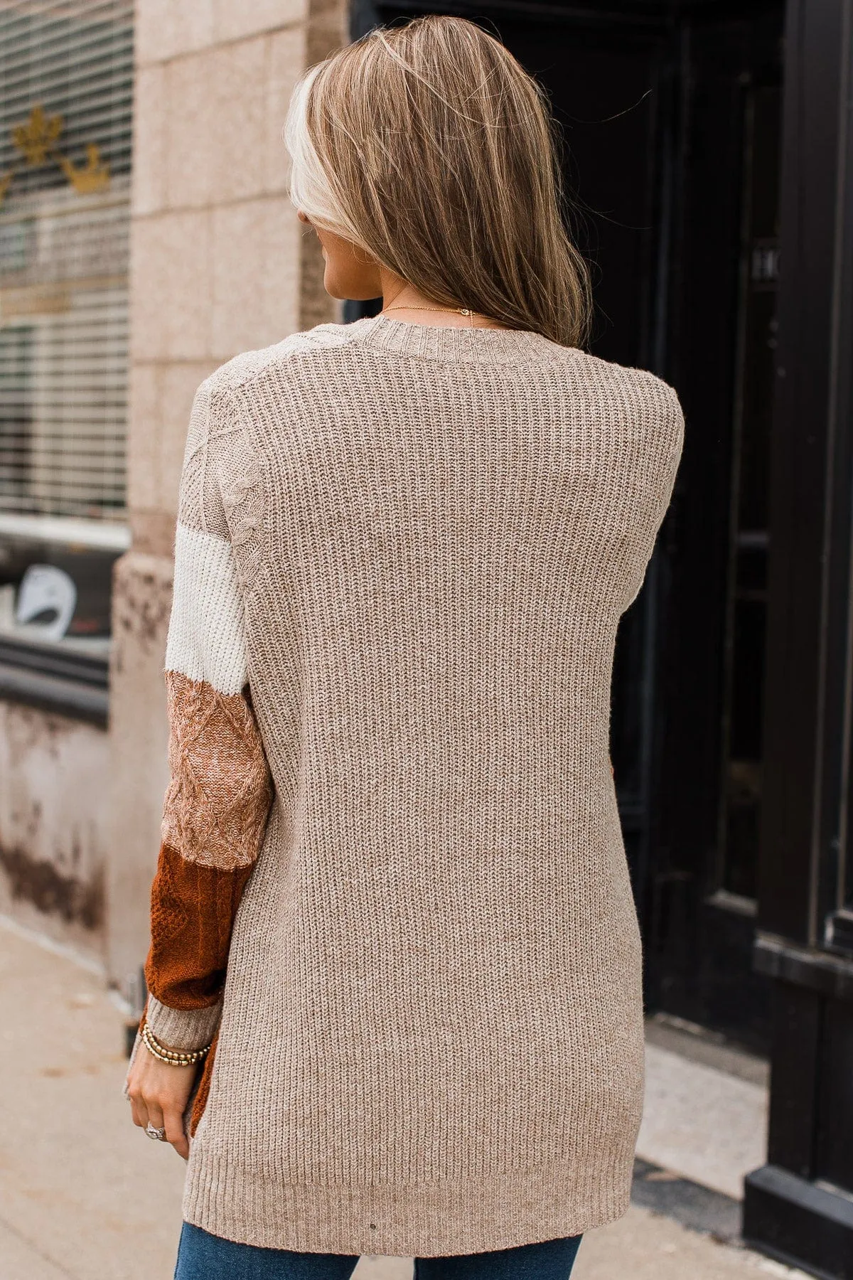 Hold Me Close Knit Cardigan- Light Taupe & Rust