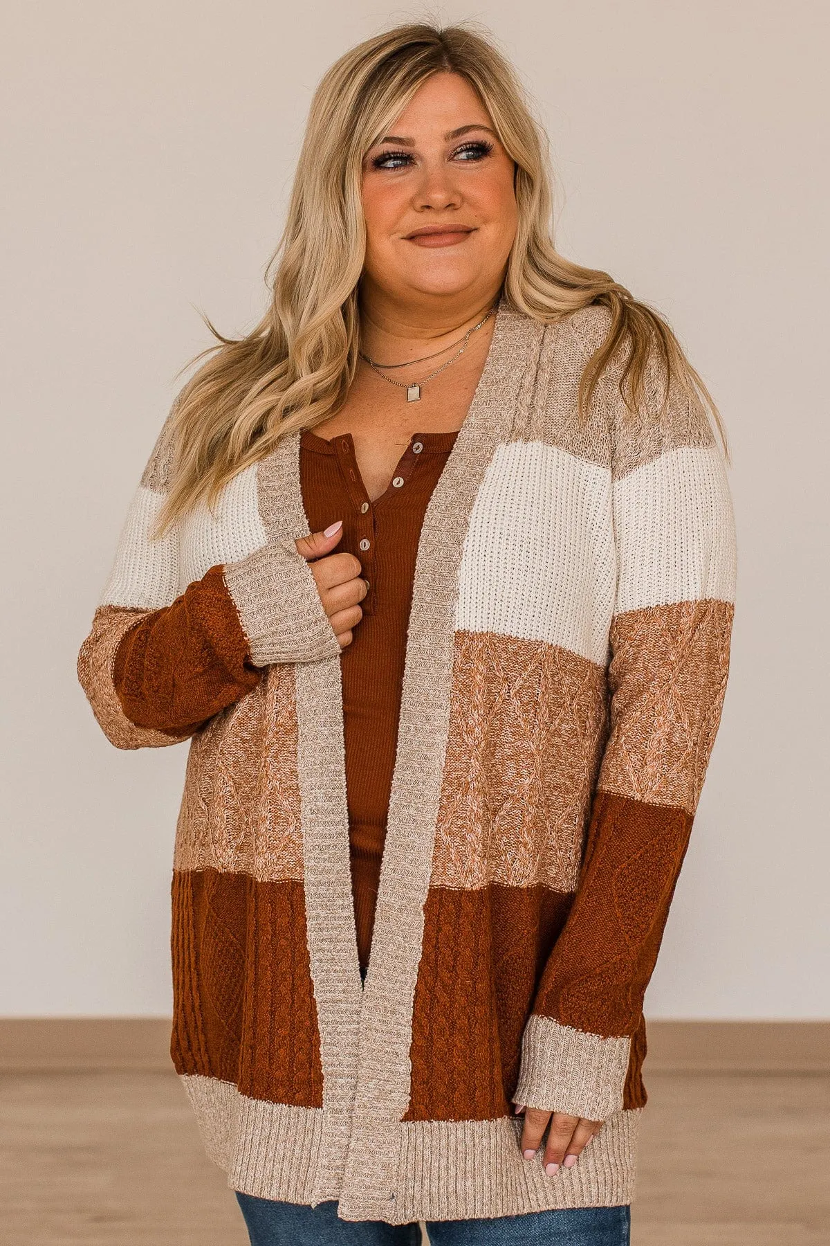 Hold Me Close Knit Cardigan- Light Taupe & Rust