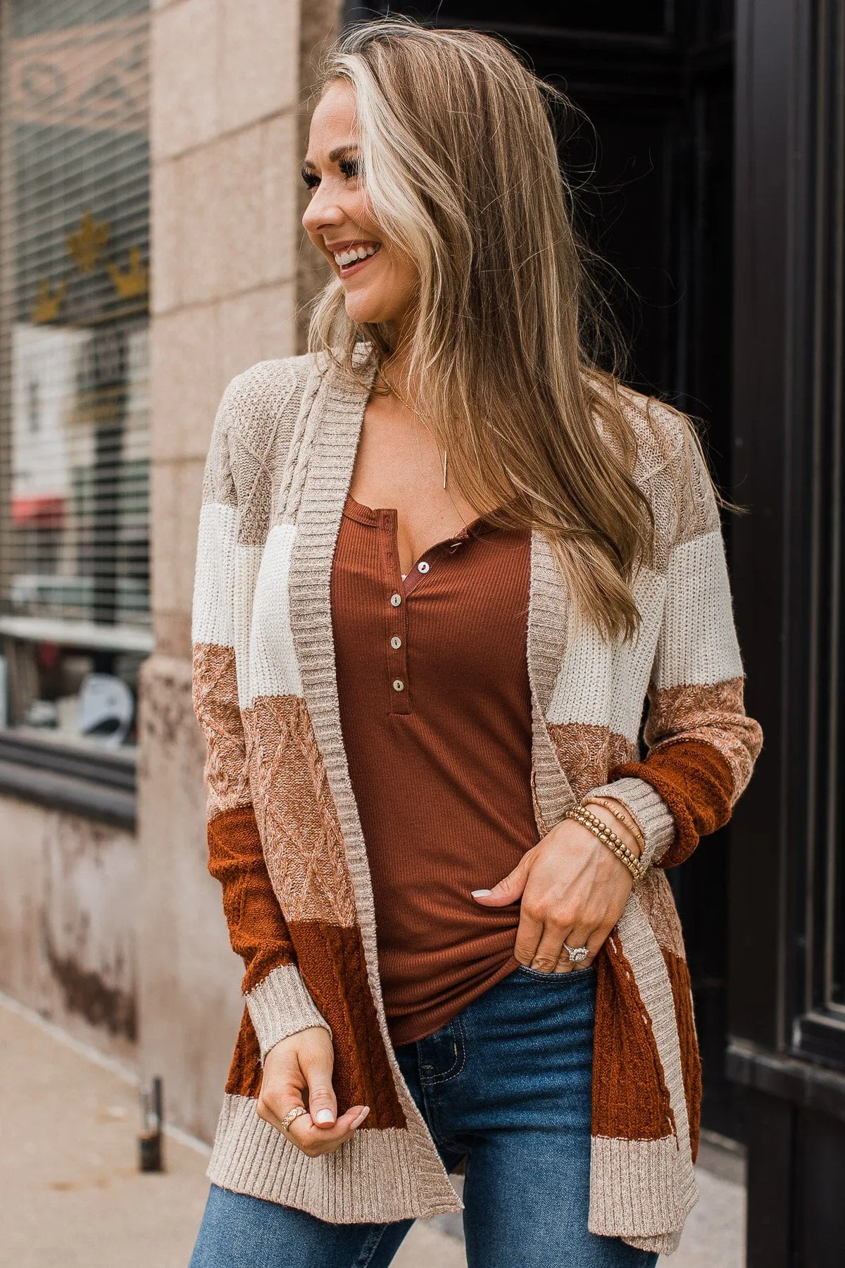 Hold Me Close Knit Cardigan- Light Taupe & Rust