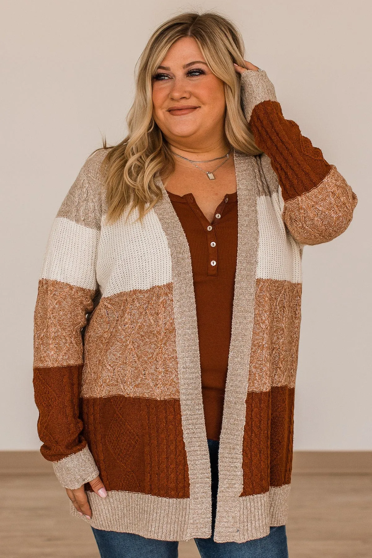 Hold Me Close Knit Cardigan- Light Taupe & Rust