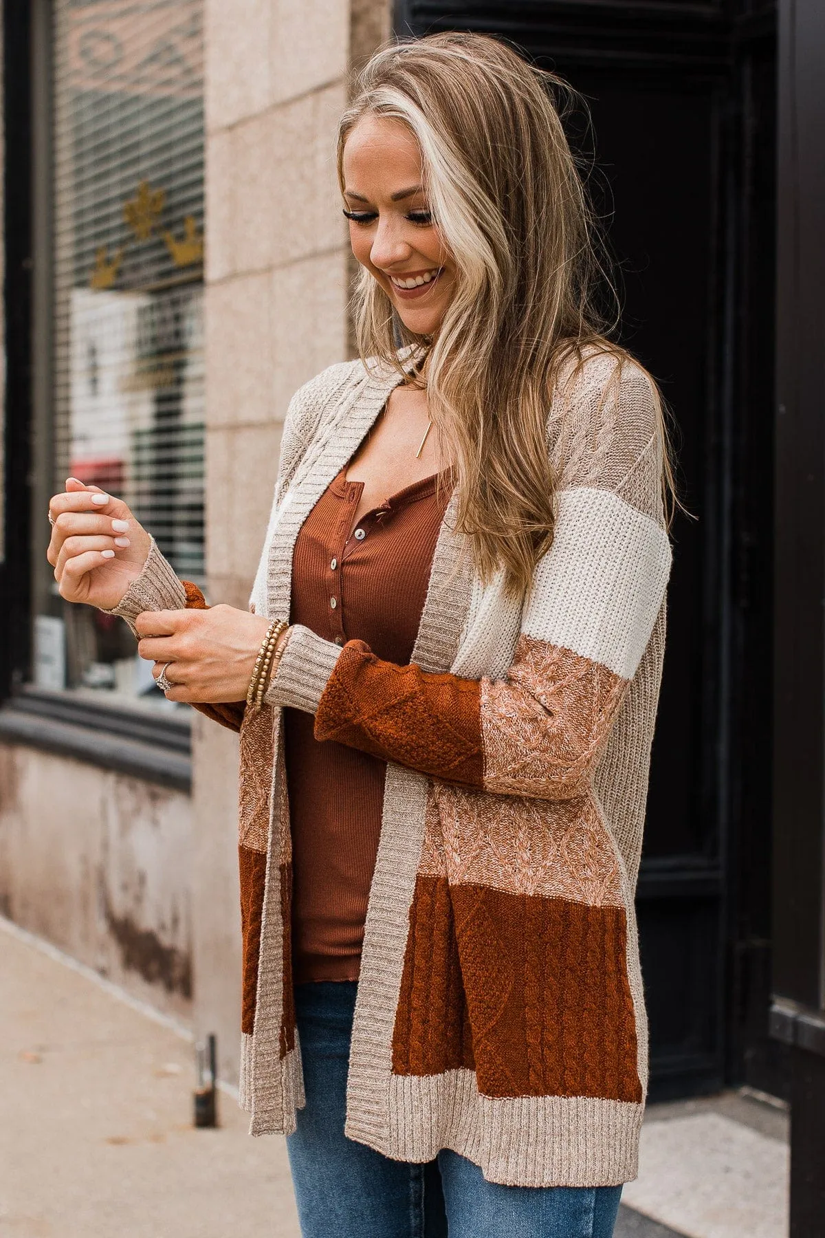 Hold Me Close Knit Cardigan- Light Taupe & Rust